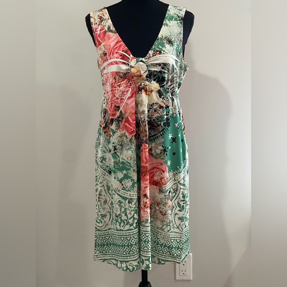 Kiara L Floral Green and Pink Sleeveless Mini‎ Dress w Stretch 371